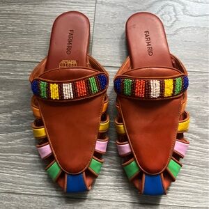 Farm Rio Brown Rainbow Beaded Mule Vegan Leather Size 8.5 Resort Summer Vacation